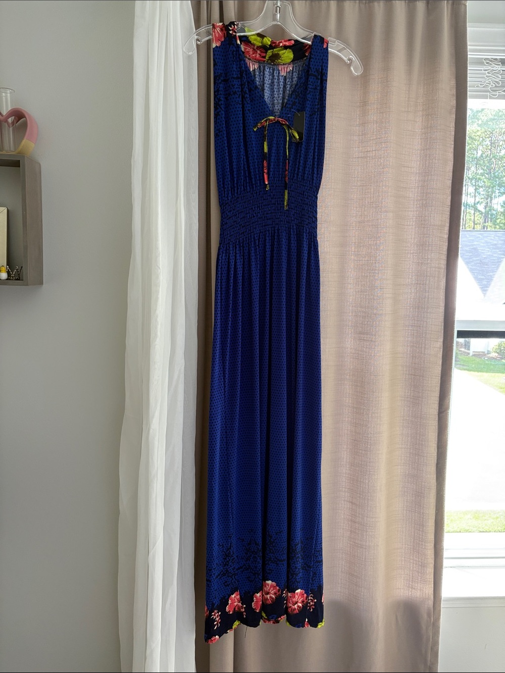 Sleeveless Navy Floral-Trim Black Polka Dots Maxi Dress